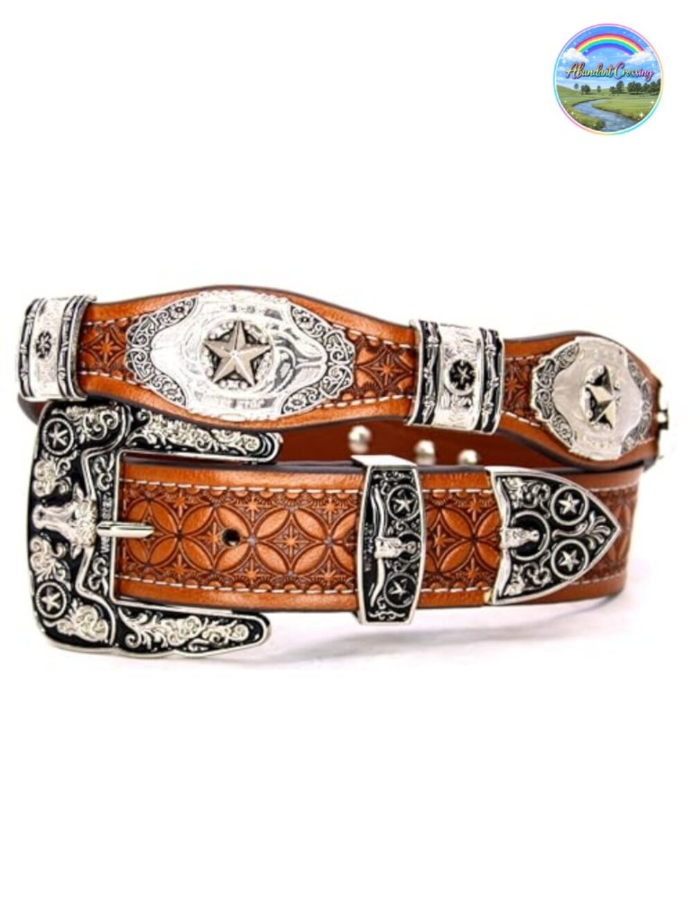 Genuine Leather Western Concho Belt with Star Buckle Rodeo Cowboy